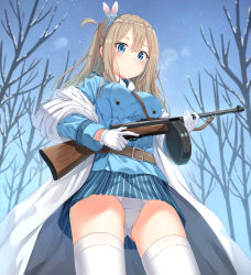 Rule 34 | 1girl, absurdres, bare tree, belt, belt buckle, blue eyes, blue hairband, blue jacket, blue skirt, blue sky, blush, breasts, brown belt, buckle, closed mouth, commentary request, day, girls&#039; frontline, gluteal fold, grey panties, gun, hair between eyes, hair ornament, hairband, highres, holding, holding gun, holding weapon, jacket, light brown hair, long hair, long sleeves, medium breasts, name connection, object namesake, one side up, outdoors, panties, pleated skirt, skirt, sky, snow, snowflake hair ornament, snowing, solo, striped clothes, striped skirt, submachine gun, suomi (girls&#039; frontline), suomi kp/-31, thighhighs, tree, underwear, vertical-striped clothes, vertical-striped skirt, weapon, white thighhighs, xue lu
