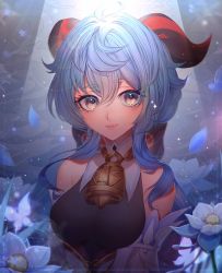 Rule 34 | ahoge, bare shoulders, bell, blue flower, blue hair, blush, bow, bowtie, breasts, bug, butterfly, chikenug1000000, detached sleeves, flower, ganyu (genshin impact), genshin impact, glaze lily, gold trim, horns, insect, long hair, looking at viewer, medium breasts, multicolored eyes, neck bell, petals, sidelocks, smile, solo, sparkle, upper body, white sleeves