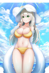 Rule 34 | 1girl, absurdres, bikini, blue archive, blue sky, blush, breasts, cleavage, closed mouth, cloud, commentary request, cowboy shot, day, drawing rak, flower, green eyes, halo, hat, hat flower, highres, index finger raised, innertube, jacket, large breasts, light brown hair, long hair, navel, nonomi (blue archive), nonomi (swimsuit) (blue archive), ocean, official alternate costume, outdoors, see-through, see-through jacket, sidelocks, sky, smile, solo, sun hat, swim ring, swimsuit, thighs, white hat, yellow bikini