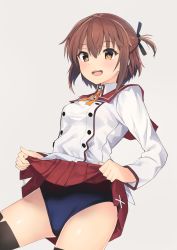 Rule 34 | 1girl, absurdres, black ribbon, black thighhighs, brown hair, clothes lift, commentary request, cowboy shot, etou kanami, hair ribbon, highres, hitoiki, lifting own clothes, looking at viewer, minoseki gakuin uniform, one side up, open mouth, pleated skirt, red sailor collar, red skirt, ribbon, round teeth, sailor collar, school swimsuit, school uniform, serafuku, short hair, simple background, skirt, skirt lift, solo, swimsuit, swimsuit under clothes, teeth, thighhighs, toji no miko, upper teeth only, white background