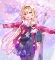 Rule 34 | 1girl, bag, black serafuku, blonde hair, cardigan, cherry blossoms, chromatic aberration, commentary request, cowboy shot, fangs, hair between eyes, hairband, highres, idolmaster, idolmaster cinderella girls, kurosaki chitose, light particles, long hair, long sleeves, looking at viewer, neckerchief, nekoyashiki pushio, open cardigan, open clothes, open mouth, outstretched arms, pantyhose, pleated skirt, red cardigan, red eyes, red neckerchief, school uniform, serafuku, shoulder bag, skirt, sleeves past wrists, smile, solo, spread arms, sunlight, tree, very long hair