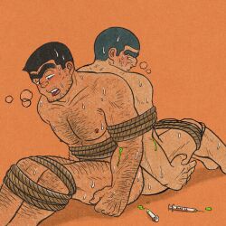 Rule 34 | 2boys, arm hair, back-to-back, bara, bdsm, black hair, blush, bondage, bound, bound together, buzz cut, completely nude, convenient leg, couple, daijirou ohara, facial hair, feet out of frame, hairy, hand hair, heavy breathing, highres, huge eyebrows, injection, knuckle hair, kochikame, leg hair, looking back, male focus, mature male, multiple boys, muscular, muscular male, mustache stubble, nude, old, old man, orange background, pectorals, profile, ropa (kaoliang baijiu), ryoutsu kankichi, short hair, sideburns, sparse ass hair, sparse stubble, stubble, sweat, syringe, thick arm hair, thick leg hair, unibrow, very hairy, very short hair, very sweaty, wrinkled skin, yaoi