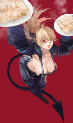 Rule 34 | 1girl, :d, apron, arm up, belt pouch, black apron, black pants, blonde hair, boots, breasts, chaps, cleavage, crazy eyes, crotchless, crotchless pants, demon girl, demon horns, demon tail, dorohedoro, downblouse, dumpling, food, from above, full body, fur, hand up, holding, holding plate, hood, hood down, horns, jiaozi, large breasts, leaning forward, long hair, long sleeves, looking at viewer, naked apron, nikaidou (dorohedoro), no bra, open mouth, oven mitts, pants, plate, ponytail, pouch, red background, red eyes, rff (3 percent), shaded face, shrug (clothing), simple background, smile, solo, standing, steam, tail