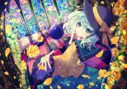 Rule 34 | 1girl, black hat, blush, bow, collar, collared shirt, commentary, danmaku, eyeball, falling petals, floral print, flower, frilled collar, frilled sleeves, frills, from behind, green collar, green eyes, green hair, green skirt, hair between eyes, hand on own cheek, hand on own face, hat, hat bow, hat ribbon, head tilt, heart, heart of string, highres, indoors, komeiji koishi, leaf, long sleeves, looking at viewer, looking back, medium hair, open hand, outstretched arm, parted lips, petals, ribbon, rose, rose petals, rose print, shirt, skirt, smile, solo, third eye, touhou, tsukikusa, upper body, wavy hair, wide sleeves, yellow bow, yellow flower, yellow ribbon, yellow rose, yellow shirt