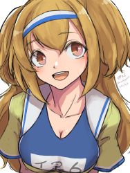 Rule 34 | 1girl, blue one-piece swimsuit, breasts, brown eyes, brown jacket, cleavage, commentary request, hairband, highres, i-26 (kancolle), jacket, kantai collection, large breasts, light brown hair, long hair, looking at viewer, name tag, new school swimsuit, one-hour drawing challenge, one-piece swimsuit, open mouth, round teeth, sailor collar, school swimsuit, school uniform, serafuku, short sleeves, simple background, smile, solo, swimsuit, swimsuit under clothes, teeth, two-tone hairband, two side up, umibudou, upper body, upper teeth only, white background