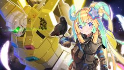 Rule 34 | 1girl, absurdres, amakawa hano, animal on arm, aqua hair, bettle (b s a n), bird, bird on arm, blonde hair, bloodhound (apex legends), blue eyes, clenched hand, crow, gloves, gm (mobile suit), gundam, hair ornament, hairclip, highres, long hair, long sleeves, looking at viewer, mecha, mecha request, mobile suit gundam, multicolored hair, pouch, rainbow hair ornament, re:act, robot, solo, standing, star (symbol), star hair ornament, two-tone hair, virtual youtuber