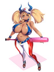 Rule 34 | 1girl, american flag, american flag print, bare shoulders, baseball bat, baseball cap, bikini, bikini top only, blonde hair, blue eyes, blush, breasts, cleavage, closed mouth, dark-skinned female, dark skin, detached collar, flag print, from above, full body, hat, highres, horns, huge breasts, long hair, looking at viewer, mole, mole on breast, navel, original, simple background, smile, solo, standing, swimsuit, thighs, toriseru (rare stone), twintails, white background
