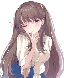 Rule 34 | 1girl, blue skirt, blush, breasts, brown hair, commentary, fujishima megumi, hand to own mouth, heart, large breasts, leaning forward, link! like! love live!, long hair, looking at viewer, love live!, notice lines, notyu maru, one eye closed, parted lips, pleated skirt, purple eyes, shirt, simple background, skirt, sleeves past elbows, solo, two side up, upper body, very long hair, virtual youtuber, white background, white shirt