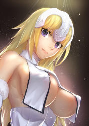 Rule 34 | 1girl, areola slip, armpits, black background, blonde hair, blue eyes, breast curtains, breasts, covered erect nipples, fate/apocrypha, fate (series), from below, hakui (b600723), headpiece, highres, jeanne d&#039;arc (fate), jeanne d&#039;arc (ruler) (fate), jeanne d&#039;arc (third ascension) (fate), large breasts, light rays, lips, long hair, looking at viewer, purple eyes, serious, sideboob, solo, underboob, upper body