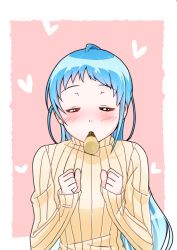 Rule 34 | 10s, 1girl, alternate costume, blue hair, blush, clenched hand, closed eyes, food, heart, kantai collection, long hair, mouth hold, pocky, pocky day, samidare (kancolle), solo, sweater, yokoshima (euphoria)