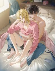 2boys 5_taku baek_eunyung bed black_hair black_shorts blonde_hair blue_pants closed_eyes closed_mouth goh_haejoon hair_down highres hug hug_from_behind male_focus multiple_boys no_home_(manhwa) on_bed one_eye_closed open_mouth pajamas pants pink_pajamas pink_shirt rubbing_eyes shirt short_hair shorts sleepy sunlight tan topless_male yaoi yellow_eyes