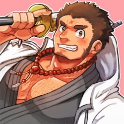 Rule 34 | 1boy, bara, blush, chest hair, cross scar, dutch angle, facial hair, hiryuu (hiryuuuuuuuuu), holding, holding pole, houzouin oniwaka, jacket, long sideburns, male focus, mature male, muscular, muscular male, open clothes, open jacket, pectoral cleavage, pectorals, pole, portrait, scar, scar on face, scar on forehead, short hair, sideburns, solo, stubble, thick eyebrows, tokyo houkago summoners, upper body