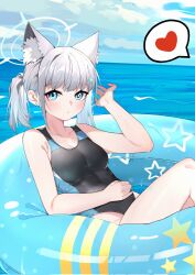 Rule 34 | 1girl, animal ear fluff, animal ears, black one-piece swimsuit, blue archive, blue eyes, blue innertube, blush, breasts, closed mouth, competition swimsuit, cross hair ornament, earrings, extra ears, grey hair, hair ornament, halo, hand on own stomach, hand up, highres, innertube, jewelry, looking at viewer, mismatched pupils, official alternate costume, one-piece swimsuit, ponytail, shiroko (blue archive), shiroko (swimsuit) (blue archive), sky, small breasts, solo, swim ring, swimsuit, water, wolf ears, yueyueyue yao