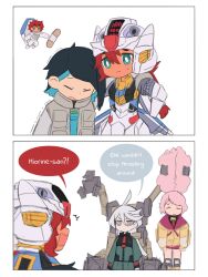 Rule 34 | afro puffs, armor, artist request, asticassia school uniform, bandaid, blue hair, chibi, chuatury panlunch, colored inner hair, cosplay, dark blue hair, english text, ericht samaya, green jacket, green shorts, gundam, gundam aerial, gundam aerial (cosplay), gundam suisei no majo, highres, hood, hoodie, jacket, low ponytail, miorine rembran, multicolored hair, nika nanaura, pink hoodie, school uniform, shorts, shoulder boards, siblings, sisters, suletta mercury, thick eyebrows, white hair