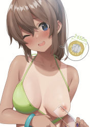 Rule 34 | 1girl, absurdres, areola measuring, aumann, bikini, bikini pull, blue eyes, blush, bracelet, breasts, brown hair, clothes pull, collarbone, green bikini, hair between eyes, highres, jewelry, large breasts, long hair, looking at viewer, measuring, nail polish, nipples, one eye closed, open mouth, original, pulled by self, purple nails, ruler, simple background, solo, speech bubble, swimsuit, tan, tanline, teeth, upper body, upper teeth only, white background