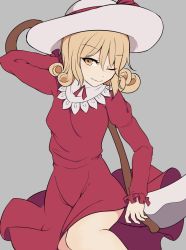 Rule 34 | 1girl, arm behind head, blonde hair, breasts, clothes lift, cowboy shot, curly hair, dress, dress lift, elly (touhou), female focus, frilled sleeves, frills, grey background, half-closed eye, hat, hat ribbon, highres, hip focus, holding, holding scythe, holding weapon, long sleeves, marsen, one eye closed, outline, red dress, ribbon, scythe, short hair, sidelocks, simple background, small breasts, smile, solo, sun hat, teeth, thighs, touhou, touhou (pc-98), weapon, white hat, yellow eyes