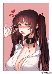 Rule 34 | 1girl, absurdres, artist name, bdsm, black collar, breasts, brown hair, cleavage, collar, collarbone, commission, dogs (dlrkdejr26), earrings, female commander (girls&#039; frontline), girls&#039; frontline, hair ribbon, heart, highres, jewelry, korean commentary, large breasts, leash, long hair, looking away, open mouth, ribbon, saliva, shirt, simple background, slave, solo, tears, teeth, tongue, tongue out, twintails, upper body, upper teeth only, white shirt, yellow eyes