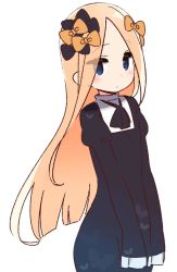 Rule 34 | 1girl, abigail williams (fate), alternate costume, animal print, black bow, black dress, black neckwear, blonde hair, blue eyes, blush, bow, butterfly print, closed mouth, commentary request, dress, fate/grand order, fate (series), forehead, hair bow, juliet sleeves, long hair, long sleeves, looking at viewer, orange bow, parted bangs, puffy sleeves, simple background, sleeves past fingers, sleeves past wrists, solo, very long hair, white background, yoru nai