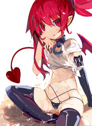 Rule 34 | 1girl, :p, bat wings, black choker, black gloves, black thighhighs, choker, commentary request, demon girl, demon tail, disgaea, elbow gloves, etna (disgaea), female focus, gloves, highres, looking at viewer, makai senki disgaea, miyakawa106, navel, red eyes, red hair, red wings, shirt, short hair, simple background, sitting, solo, swimsuit, tail, thighhighs, tied shirt, tongue, tongue out, wet, wet clothes, wet shirt, white background, white shirt, wings