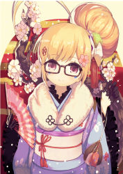 Rule 34 | 1girl, ahoge, alternate costume, alternate hairstyle, azur lane, bespectacled, black-framed eyewear, black gloves, blonde hair, closed mouth, commentary, eldridge (azur lane), eldridge (new year&#039;s outing) (azur lane), ema, facial mark, floral print, flower, folding fan, frilled sleeves, frills, fur collar, glasses, gloves, hair bun, hair flower, hair ornament, hand fan, hands up, happy new year, head tilt, highres, holding, holding fan, japanese clothes, kimono, light particles, long sleeves, looking at viewer, misago (525), new year, obi, pink flower, print kimono, purple kimono, red eyes, sash, shadow, sidelocks, single hair bun, smile, solo, tassel, upper body, wide sleeves