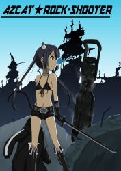 Rule 34 | 1girl, animal ears, bad id, bad pixiv id, bikini, bikini top only, black hair, black rock shooter, black rock shooter (character), black rock shooter (cosplay), boots, brown eyes, cat ears, cat tail, cosplay, gloves, glowing, glowing eye, glowing eyes, k-on!, midriff, nakano azusa, navel, oku no shi, short shorts, shorts, solo, stitches, swimsuit, sword, tail, twintails, weapon