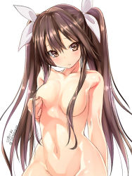 Rule 34 | 1girl, brown hair, commentary request, dated, hair between eyes, hair censor, hair ribbon, hand on own chest, highres, kantai collection, long hair, looking to the side, navel, nude, open mouth, ribbon, simple background, solo, takase muh, tone (kancolle), twintails, twitter username, very long hair, white background, white ribbon