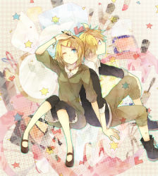 Rule 34 | 1boy, 1girl, alternate costume, back-to-back, bad id, bad pixiv id, blonde hair, blue eyes, brother and sister, casual, hair ornament, hairclip, hana (mew), highres, jewelry, kagamine len, kagamine rin, mary janes, necklace, one eye closed, shoes, siblings, treble clef, twins, vocaloid, wink