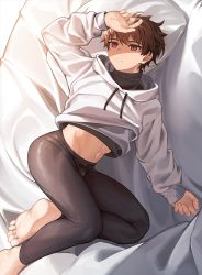 Rule 34 | 1boy, bare legs, barefoot, brown hair, bulge, commentary request, erection, erection under clothes, hands on own head, highres, hood, hoodie, leotard, long sleeves, male focus, midriff peek, nayoshi (r-744), original, purple eyes, solo, tight clothes