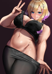 Rule 34 | 1girl, azur lane, bare arms, bare shoulders, blonde hair, blue eyes, blush, breasts, cleavage, clothes pull, hair ornament, hairclip, kasappi, large breasts, looking at viewer, marblehead (azur lane), marblehead (boxing girl!) (azur lane), midriff, multicolored hair, pants, pulled by self, shirt, short hair with long locks, sleeveless, smile, solo, sports bra, standing, sweatdrop, symbol-shaped pupils, tongue, tongue out, two-tone hair