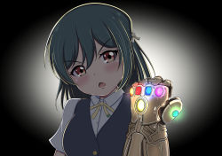 Rule 34 | 1girl, absurdres, aqua shirt, artist name, artist request, black background, black hair, black vest, blue hair, bow, bowtie, breasts, buttons, collared shirt, dark blue hair, dark green hair, hair between eyes, hair bow, hair ribbon, highres, infinity gauntlet, looking at viewer, love live!, love live! nijigasaki high school idol club, mifune shioriko, neck ribbon, nijigasaki academy school uniform, orange eyes, parted lips, red eyes, ribbon, school uniform, sharp teeth, shirt, short hair, short sleeves, small breasts, smile, solo, sweater vest, teeth, upper body, v-shaped eyebrows, vest, white background, white shirt, yellow bow, yellow ribbon