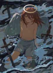 Rule 34 | 1boy, 846873514, absurdres, angel devil (chainsaw man), angel wings, arm support, blue shorts, brown eyes, brown hair, chainsaw man, collarbone, expressionless, feathered wings, feet out of frame, from above, hair between eyes, halo, highres, long bangs, looking at viewer, looking up, male focus, medium hair, partially submerged, planted, planted sword, planted weapon, shorts, sitting, solo, sword, topless male, water, weapon, wet, wet clothes, wet shorts, wings