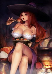 Rule 34 | 1girl, bare shoulders, breasts, cleavage, cropped, dragon&#039;s crown, eating, artistic error, food, fork, hat, highres, huge breasts, crossed legs, long hair, looking at viewer, meat, messy, open mouth, pinky out, red hair, shigatake, sitting, solo, sorceress (dragon&#039;s crown), third-party edit, tongue, vanillaware, witch hat