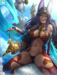 Rule 34 | 1girl, armor, bare shoulders, bikini armor, blue eyes, breasts, bridal gauntlets, cameltoe, cleavage, cloud, dark-skinned female, dark skin, elbow gloves, fate/grand order, fate (series), forehead jewel, gloves, gold trim, head chain, jewelry, lantern, large breasts, limgae, long hair, looking at viewer, navel, parted bangs, purple gloves, purple hair, queen of sheba (fate), revealing clothes, showgirl skirt, sitting, smoke, solo, thighhighs