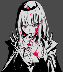 Rule 34 | 1girl, blood, blood in hair, blood on face, blood on hands, breasts, cape, cleavage, eyebrows hidden by hair, grey background, highres, hololive, hololive english, large breasts, longlong (drasdr7513), looking at viewer, monochrome, mori calliope, pink eyes, solo, spikes, spot color, virtual youtuber