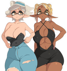 Rule 34 | alternate hairstyle, black dress, breasts, covered erect nipples, dark-skinned female, dark skin, denim, dress, earrings, fang, frye (splatoon), grey hair, highres, jeans, jewelry, large breasts, marie (splatoon), mole, mole under eye, nintendo, pants, pointy ears, simple background, splatoon (series), splatoon 1, splatoon 2, splatoon 3, star-shaped pupils, star (symbol), symbol-shaped pupils, tentacle hair, thick thighs, thighs, torn clothes, torn legwear, white background, yuta agc