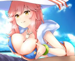 Rule 34 | 10s, 1boy, 1girl, :q, bent over, bikini, blue bikini, blue sky, bracelet, breasts, breath, cleavage, cloud, cloudy sky, covered erect nipples, cum, cum on body, cum on breasts, cum on upper body, day, fate/extra, fate/grand order, fate (series), hair between eyes, half-closed eyes, hat, heavy breathing, hetero, jewelry, large breasts, long hair, looking at another, necklace, ocean, outdoors, paizuri, penis, pink hair, precum, shawl, side-tie bikini bottom, sky, solo focus, sun hat, swimsuit, tamamo (fate), tamamo no mae (fate/extra), tamamo no mae (swimsuit lancer) (fate), tamamo no mae (swimsuit lancer) (third ascension) (fate), tongue, tongue out, uni8, white hat, yellow eyes