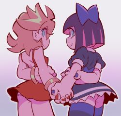Rule 34 | 10s, 2girls, alternate hair length, alternate hairstyle, arm behind back, ass, bad id, bad twitter id, blonde hair, blue eyes, bow, bracelet, dress, from behind, grey background, hair bow, holding hands, interlocked fingers, jewelry, long hair, multicolored hair, multiple girls, nail polish, panties, panty &amp; stocking with garterbelt, panty (psg), panty peek, purple nails, red dress, red nails, sanjiro (tenshin anman), short dress, short hair, siblings, simple background, sisters, skindentation, smile, stocking (psg), striped clothes, striped legwear, striped thighhighs, thighhighs, two-tone hair, underwear