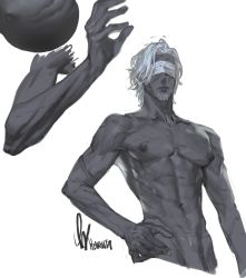 Rule 34 | 1boy, blindfold, closed mouth, completely nude, facial hair, facing viewer, grey hair, hand up, highres, male focus, navel, nipples, nude, original, out-of-frame censoring, pectorals, pigeon666, short hair, signature, solo, stubble, white hair