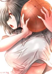 Rule 34 | 1girl, ball, basketball, basketball (object), blush, breasts, dated, from side, grey eyes, grey hair, gym uniform, highres, holding, large breasts, open mouth, original, outdoors, shirt, short hair, short sleeves, solo, souryu, sweat, sweatdrop, underboob, upper body