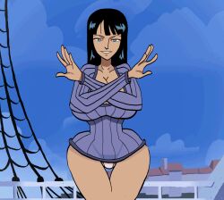 Rule 34 | animated, animated gif, assertive girl, black hair, breasts, chicken0chips, cleavage, covering crotch, covering privates, crotch kick, cunt kick, cunt punt, femdom, hair between eyes, huge breasts, kicking, leaning forward, nami (one piece), nico robin, one piece, panties, pre-timeskip, ryona, smirk, sneaky, surprised, tan, underwear