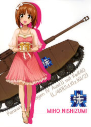 Rule 34 | 10s, 1girl, :d, absurdres, bow, box, brown eyes, brown hair, character name, dress, full body, gift, gift box, girls und panzer, hair bow, hairband, head tilt, highres, holding, holding box, jewelry, looking at viewer, military, military vehicle, motor vehicle, necklace, nishizumi miho, open mouth, panzer iv, pink dress, short dress, short hair, sleeveless, sleeveless dress, smile, solo, standing, striped clothes, striped dress, tank, vertical-striped clothes, vertical-striped dress, white background, white bow, white hairband