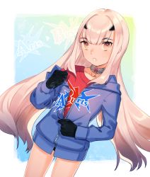 Rule 34 | 1girl, arts shirt, black gloves, blue jacket, breasts, brown eyes, buster shirt, melusine (fate), fate/grand order, fate (series), forked eyebrows, gloves, highres, jacket, jewelry, kumipersona0312, long hair, long sleeves, looking at viewer, neck ring, open mouth, red shirt, shirt, sidelocks, small breasts, solo, thighs, white hair