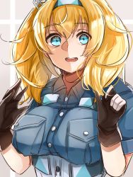 Rule 34 | 1girl, black gloves, blonde hair, blue eyes, blue shirt, breast pocket, breasts, caddy cyd, gambier bay (kancolle), gloves, hair between eyes, highres, kantai collection, large breasts, long hair, looking at viewer, multicolored clothes, multicolored gloves, nao1, open mouth, pocket, shirt, simple background, solo, twintails, upper body, white background