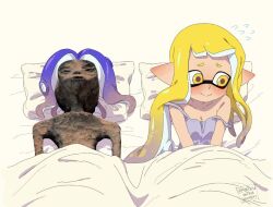 Rule 34 | 1boy, 1girl, aftersex, alien, ariamikukanzaki, bare shoulders, blonde hair, blue hair, blush, breasts, cleavage, closed mouth, collarbone, dark blue hair, dehydrated, inkling, inkling girl, inkling player character, large breasts, long hair, looking to the side, lying, meme, mexico ufo alien bodies hearing (meme), nintendo, octoling, octoling boy, octoling player character, on back, pillow, pointy ears, shy, splatoon (series), splatoon 2, splatoon 2: octo expansion, suction cups, tentacle hair, yellow eyes