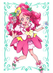 Rule 34 | 1girl, :d, absurdres, bow, choker, collarbone, cure grace, earrings, floating hair, flower, gloves, green bow, hair flower, hair ornament, hanadera nodoka, healin&#039; good precure, heart, heart hair ornament, highres, holding, itaoka1, jewelry, layered skirt, long hair, looking at viewer, miniskirt, multicolored clothes, multicolored skirt, open mouth, pink eyes, pink hair, precure, rabirin (precure), red choker, short sleeves, skirt, smile, solo, very long hair, white gloves, yellow flower