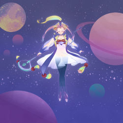 Rule 34 | 1girl, bad id, bad pixiv id, closed eyes, crossed legs, elf, floating, full body, grandia, grandia i, hair up, hat, liete (grandia), long hair, long sleeves, oh tamax, pantyhose, planet, pointy ears, puffy long sleeves, puffy sleeves, purple hair, purple pantyhose, see-through, see-through silhouette, space, staff, standing, weapon
