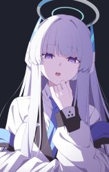 Rule 34 | 1girl, black background, blazer, blue archive, blue necktie, blunt bangs, coat, collared shirt, commentary, halo, headgear, highres, jacket, long hair, long sleeves, looking at viewer, necktie, noa (blue archive), open clothes, open coat, parted lips, purple eyes, reia 76, school uniform, shirt, sidelocks, simple background, solo, upper body, white coat, white hair, white jacket, white shirt
