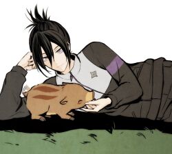 Rule 34 | 1boy, bishounen, black hair, closed mouth, facial mark, folded ponytail, grey eyes, hair between eyes, long sleeves, looking at another, male focus, on grass, one-punch man, onsoku no sonic, piglet, short hair, smile, sportswear, tb (spr1110)