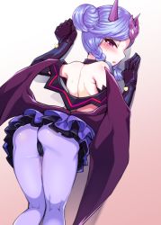 Rule 34 | 10s, 1girl, ass, bare shoulders, blush, braid, elbow gloves, from behind, gloves, harigane shinshi, highres, horns, kneepits, looking at viewer, looking back, pantyhose, purple eyes, purple hair, robot girls z, short hair, skirt, solo, tears, twin braids, wings