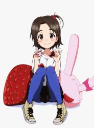 Rule 34 | 1girl, animal-shaped pillow, black skirt, blue pantyhose, blush, brown eyes, brown hair, closed mouth, collarbone, food, food-themed pillow, fruit, girls und panzer, hair bobbles, hair ornament, holding, holding food, kayabakoro, legs, looking at viewer, name connection, one side up, pantyhose, parted bangs, parted hair, pillow, pleated skirt, print shirt, rabbit, sawa azusa, shirt, shoes, short hair, sitting, skirt, smile, strawberry, stuffed animal, stuffed rabbit, stuffed toy, t-shirt, white background, white shirt, yellow footwear